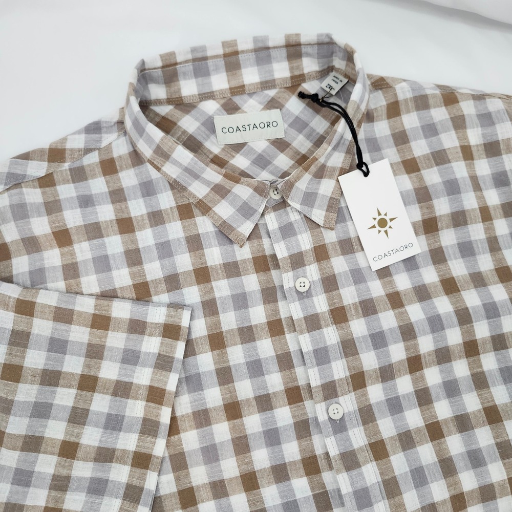Coastaoro NWT Tan Gray Gingham‎ Linen Blend Camp Shirt Mens 2XL Resort Coastal
